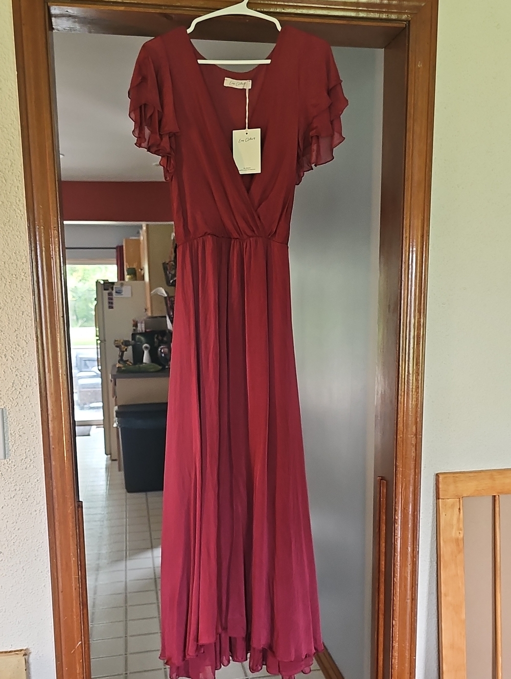 Easy Clothes  Red Flutter-Sleeve Maxi Dress